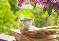 Book, glasses, cup of tea and lilac on a wooden window. The bee flies beautifully over the lilac petals Royalty Free Stock Photo