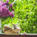 Book, glasses, cup of tea and lilac on a wooden window. Fragrant tea in the garden. Romantic concept Royalty Free Stock Photo