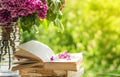 Book, glasses, cup of tea and lilac on a wooden window. Fragrant tea in the garden. Romantic concept Royalty Free Stock Photo