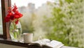 Book, glasses, cup of tea and red tulips on a wooden window. Read and rest. Royalty Free Stock Photo