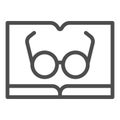 Book with glasses line icon. Reading vector illustration isolated on white. Knowledge outline style design, designed for Royalty Free Stock Photo