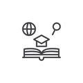 Book with Graduate hat, globe and magnifier outline icon