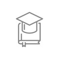 Book with graduation cap line icon. Graduation exam, college, higher education symbol