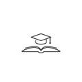 Book with graduation cap or mortar board. Line icon Isolated on white. Flat reading icon Royalty Free Stock Photo
