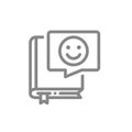 Book with happy face in speech bubble line icon. Good literature, best choise, positive feedback symbol