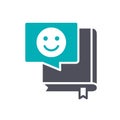 Book with happy smiley face colored icon. Good literature, best choise, positive feedback symbol