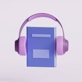 Book and headphones in cartoon style. Concept of listening audiobooks. 3d render