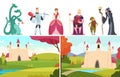 Book heroes. Fairy tale stories, castle landscapes dragon prince and princess. Royal family vector characters Royalty Free Stock Photo