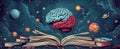 Book with human brain and solar system, education and science concept, learning new skills, have wisdom and knowledge, world book Royalty Free Stock Photo