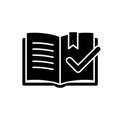 Book icon with check mark and bookmark tab, black solid glyph on white background, Royalty Free Stock Photo