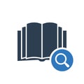 Book icon, education icon with research sign. Book icon and explore, find, inspect symbol