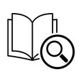 Book icon, magnifying glass open education textbook, library vector illustration  symbol. learning design isolated background Royalty Free Stock Photo