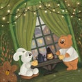 Book illustration with a bear drinking tea by the window Royalty Free Stock Photo