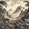 Book illustration of tropical jungles and mountains