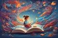 Book of imagination, Education dream hope inspiration and freedom concept, surreal painting