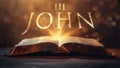 Book of 3 John. Open bible revealing the name of the book of the bible in a epic cinematic presentation.