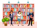 Book library, character people woman man standing volume, female male carrying pile tom flat vector illustration. Public