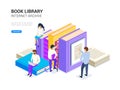 Book library isometric. Internet archive concept and digital learning for web banner. E library vector illustration.