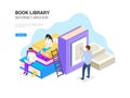 Book library isometric. Internet archive concept and digital learning for web banner. E library vector illustration.