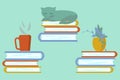 Book library, stacks of books, sleeping cat, potted plant, hot drink in cup. Vector illustration for design of home cozy