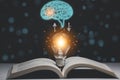 Book and light bulb style vintage with brain icon dark background,Concept The idea of reading books, knowledge, and searching for Royalty Free Stock Photo