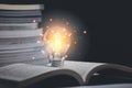 Book and light bulb style vintage with brain icon dark background,Concept The idea of reading books, knowledge, and searching for Royalty Free Stock Photo