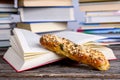 Book and little whole grain bread in front of piles of different books