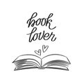 Book lover, lettering with open book and hearts, sketch. Calligraphy handwritten inscription, quote. Children\'s print