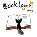 Book lovers day card cat reading big book hand drawn cartoon vector Royalty Free Stock Photo