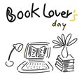 Book lovers day modern lettering sign for a readers diary, literature notebook , ebook in laptop, table lam.Thin line text and sta