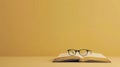 A book is lying open on a yellow surface, with eyeglasses resting on the open pages. Generative AI Royalty Free Stock Photo