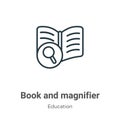 Book and magnifier outline vector icon. Thin line black book and magnifier icon, flat vector simple element illustration from