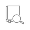 Book with magnifying glass line icon. Online instruction, information search symbol Royalty Free Stock Photo