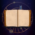 Book mockup. Open book with blank and clean pages, bookmark. Constellation background and Roman numerals, astrolabe. Ancient tome