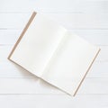 Book mockup template open page A4-size recycle paper flat lay on white wood table from top view
