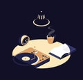 Book , music and coffee after midnight isometric illustration