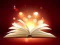 Book mystic light. Realistic opened magic pages with shining and glowing particles, education and entertainment Royalty Free Stock Photo