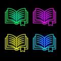 Book neon icons. Textbook silhouette in bright colors. Glowing neon book sign. Set of vector icons Royalty Free Stock Photo