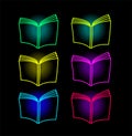 Book neon icons. Textbook silhouette in bright colors. Glowing neon book sign. Set of vector icons Royalty Free Stock Photo