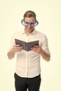 Book nerd wearing cute glasses. Man with book. Study hard. Teacher funny guy. Male student reading. Student handsome