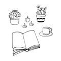 book is open, candle, tea, flower , cup, a cactus in a pot. reading concept. sketch hand drawn doodle style