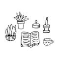 the book is open, a candle, tea, a flower in a pot. reading concept. sketch hand drawn doodle style. , minimalism