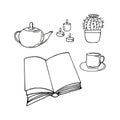 book is open, candle, tea, teapot, cup, a cactus in a pot. reading concept. sketch hand drawn doodle style. , minimalism