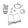 book is open, candle, tea, teapot, cup, flower in a pot. reading concept. sketch hand drawn doodle style. , minimalism