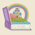 Book open with fairytale castle and rainbow