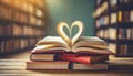 Book with open page of literature in heart shape and stack piles of textbooks on reading desk in library