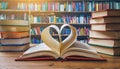 Book with open page of literature in heart shape and stack piles of textbooks on reading desk in library