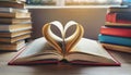 Book with open page of literature in heart shape and stack piles of textbooks on reading desk in library