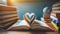 Book with open page of literature in heart shape and stack piles of textbooks on reading desk in library