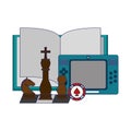 Book open with portable videogame and chess pieces Royalty Free Stock Photo